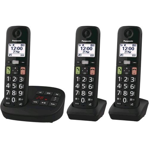 PANASONIC KX-TGU133EXB TELEFONO CORDLESS CON SEGRETERIA TASTI GRANDI UNITA' BASE 3 RICEVITORI GRANDE DISPLAY LCD COMPATIBILE CON APPARECCHI ACUSTICI NERO