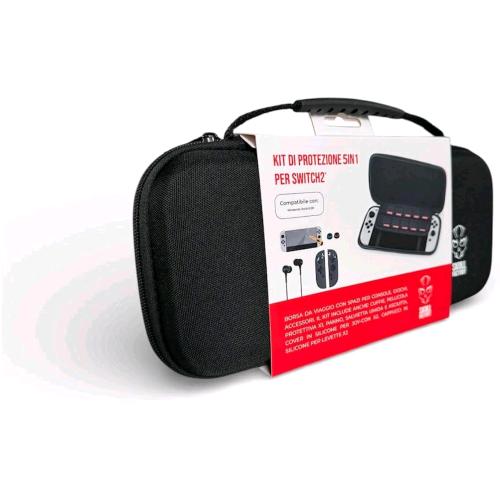 SKULL FACTORY NINTENDO SWITCH 2 KIT PREMIUM DI PROTEZIONE 5 IN 1 CUSTODIA RIGIDA DA VIAGGIO CON ACCESSORI COMPLETI, PELLICOLA PROTETTIVA, CUFFIE E PROTEZIONI JOY CON NERO