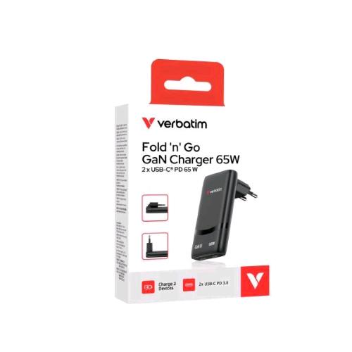 VERBATIM ESSENTIALS GaN CHARGER CARICABATTERIE DA RETE 65W PD 3.0 SPINA RICHIUDIBILE SU SE STESSA 2 x USB-C NERO
