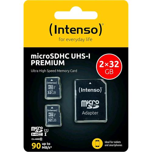 INTENSO MicroSDHC 32GB CON ADATTATORE A SD UHS-I PREMIUM CONFEZIONE DA 2 PEZZI