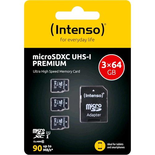 INTENSO microSDXC 64GB CON ADATTATORE A SD UHS-I PREMIUM CONFEZIONE DA 3 PZ