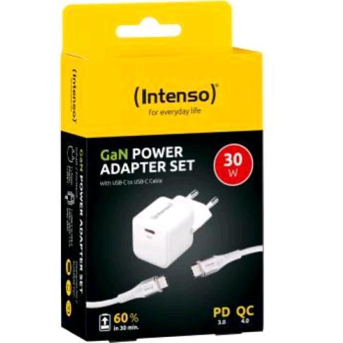 INTENSO GaN ADAPTER SET CARICABATTERIE DA RETE 30 W PD 3.0 QC 4.0 USB-C + CAVO INTRECCIATO USB-C BIANCO