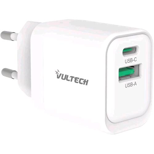 VULTECH CC33-1C1A CARICABATTERIE DA RETE GaN 33 W QC3.0 PPS PD 3.0 - 1 x USB-A 1 x USB-C BIANCO