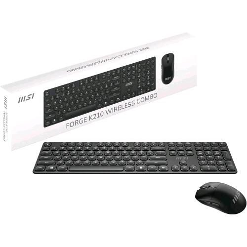 MSI FORGE K210 WIRELESS COMBO TASTIERA QWERTY LAYOUT ITALIANO + MOUSE OTTICO SWITCH A FORBICE WIRELESS 2.4GHz RICARICABILE 16.000 DPI REGOLABILI NERO