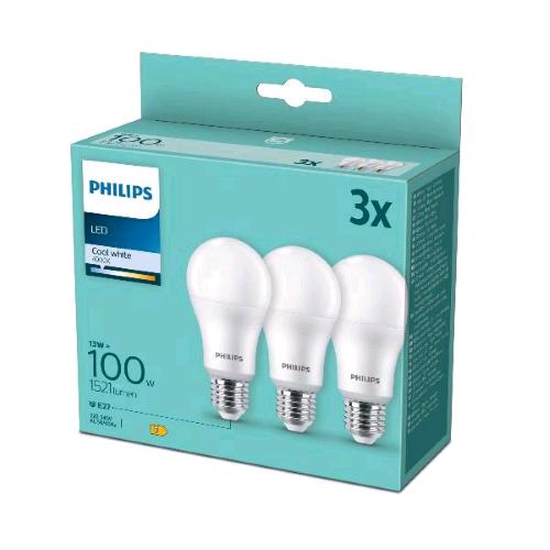 PHILIPS LAMPADA LED A GOCCIA LUCE BIANCA FREDDA 4.000K E27 100W CONSUMO EFFETTIVO 13 W 1.521 LUMEN CONF 3 Pz.