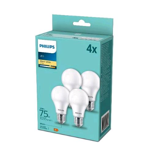 PHILIPS LAMPADINA LED A GOCCIA LUCE BIANCA CALDA 2.700K E27 75 W CONSUMO EFFETTIVO 10 W 1.055 LUME CONF 4 Pz.