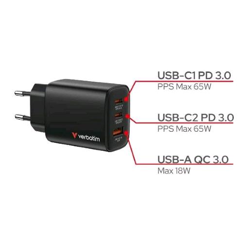 VERBATIM CARICABATTERIE DA RETE GaN 65 W 2 x USB-C 1 x USB-A NERO