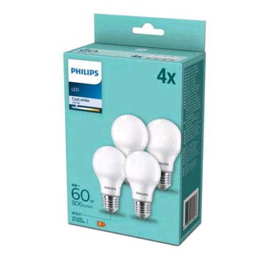 PHILIPS LAMPADINA LED SMERIGLIATA 75 W A60 E27 4000K CONSUMO 8W LUCE FREDDA CONF 4 Pz.