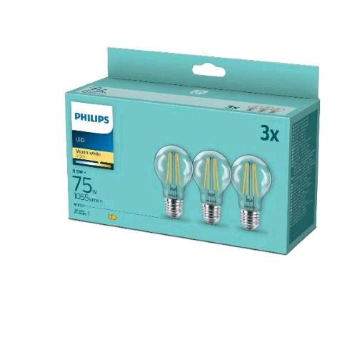 PHILIPS LAMPADINA A LED TRASPARENTE A FILAMENTO 75 W A60 E27 2700K CONSUMO 8.5W LUCE CALDA CONF 3 Pz.