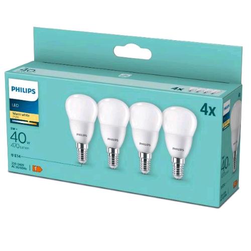 PHILIPS LAMPADINA A OLIVA LED 40 W P45 E14 2700K CONSUMO 5W LUCE CALDA CONF 4 Pz.