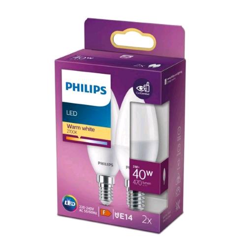 PHILIPS LAMPADINA LED A OLIVA 40 W B35 E14 2700K LUCE CALDA CONSUMO 4.9W CONF 2 Pz.