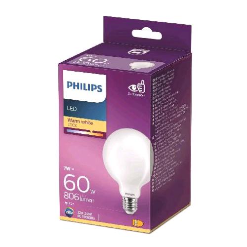 PHILIPS LAMPADINA LED GLOBO SMERIGLIATA 60W E27 2700K CONSUMO 7W LUCE CALDA 