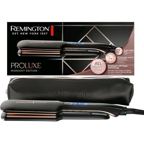 REMINGTON PROLUXE MIDNIGHT WIDE PLATE PIASTRA PER CAPELLI IN CERAMICA ULTIMATE GLIDE 9 IMPOSTAZIONI DI TEMPERATURA TECNOLOGIA INTELLIGENTE OPTIHEAT