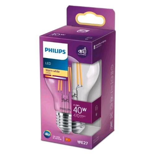 PHILIPS LAMPADINA LED A GOGGIA FILAMENTO TRASPARENTE 40W A60 E27 2700K CONSUMO 4.3W LUCE CALDA 