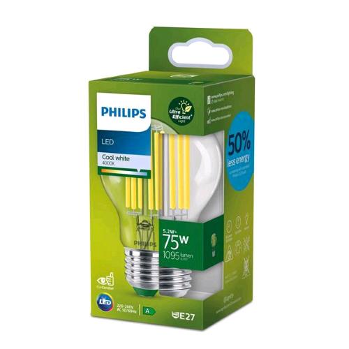 PHILIPS LAMPADINA LED A GOGGIA FILAMENTO TRASPARENTE 75W A60 E27 4000K CONSUMO 5,2W LUCE FREDDA