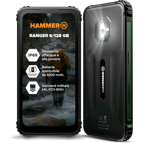 HAMMER H RANGER OUTDOOR RUGGED DUAL SIM 6" 128GB RAM 6GB IP69 NFC BATTERIA SOSTITUIBILE 4G LTE ITALIA NERO
