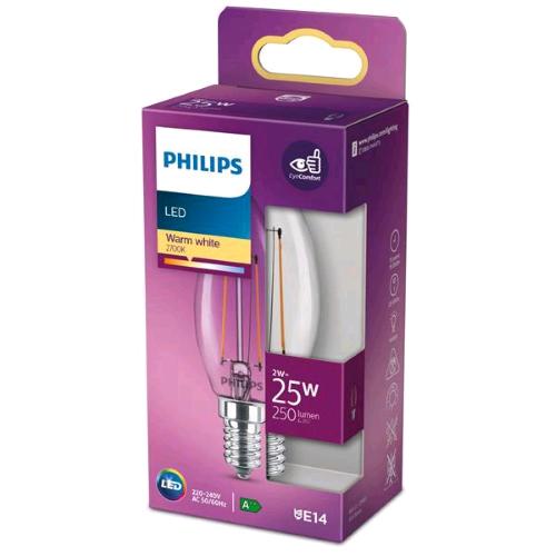 PHILIPS LAMPADINA LED A CANDELA TRASPARENTE A FILAMENTO 25 W B35 E14 2700K CONSUMO 2W LUCE CALDA 