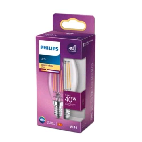 PHILIPS LAMPADINA LED A CANDELA TRASPARENTE A FILAMENTO 40W B35 E14 2700K CONSUMO 4.3W LUCE CALDA 