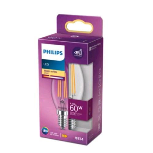 PHILIPS LAMPADINA LED A CANDELA TRASPARENTE A FILAMENTO 60W B35 E14 2700K CONSUMO 6,5W LUCE CALDA 
