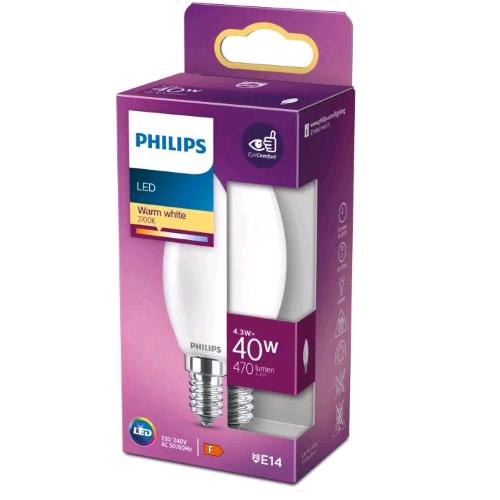 PHILIPS LAMPADINA LED A CANDELA SMERIGLIATA A FILAMENTO 40W B35 E14 2700K CONSUMO 4,3W LUCE CALDA 