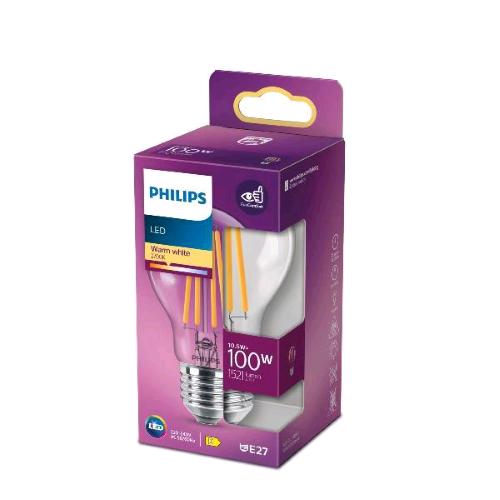 PHILIPS LAMPADINA LED A GOGGIA FILAMENTO TRASPARENTE 100W A60 E27 2700K CONSUMO 10.5W LUCE CALDA