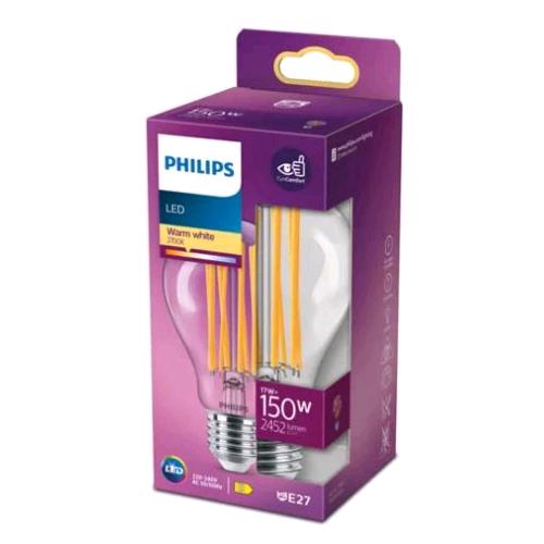 PHILIPS LAMPADINA LED A GOGGIA FILAMENTO TRASPARENTE 150W A67 E27 2700K CONSUMO 17W LUCE CALDA