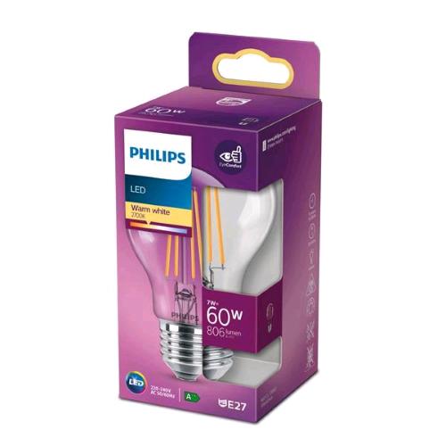 PHILIPS LAMPADINA LED A GOGGIA FILAMENTO TRASPARENTE 60W A60 E27 2700K CONSUMO 7W LUCE CALDA
