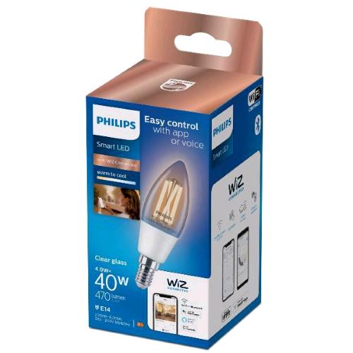 PHILIPS SMART WIZ LAMPADINA LED A OLIVA A FILAMENTO TRASPARENTE DIMMERABILE 40W C35 E14 CONSUMO 4.9W LUCE CALDA E FREDDA  
