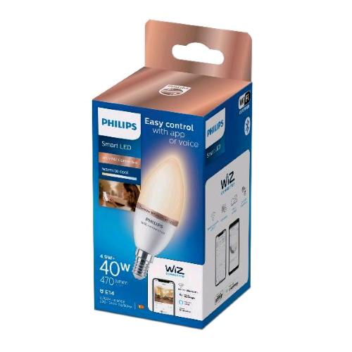 PHILIPS SMART WIZ LAMPADINA LED A OLIVA A FILAMENTO SMERIGLIATA DIMMERABILE 40W C37 E14 CONSUMO 4.9W LUCE CALDA E FREDDA  