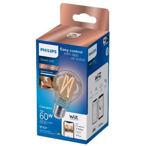 PHILIPS SMART WIZ LAMPADINA LED A GOCCIA A FILAMENTO TRASPARENTE DIMMERABILE 60W A60 E27 CONSUMO 7W LUCE CALDA E FREDDA  