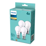 PHILIPS LAMPADINA LED A GOCCIA 60W A60 E27 2700K CONSUMO 8W LUCE CALDA CONF 4 Pz.