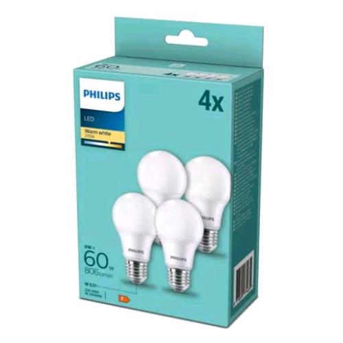 PHILIPS LAMPADINA LED A GOCCIA 60W A60 E27 2700K CONSUMO 8W LUCE CALDA CONF 4 Pz.