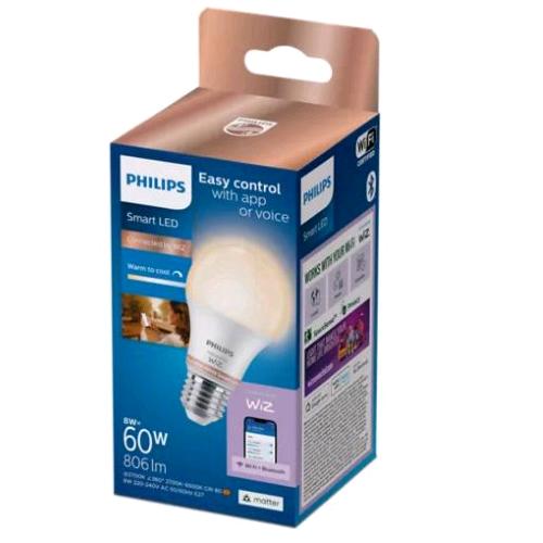 PHILIPS SMART WIZ LAMPADINA LED A GOCCIA SMERIGLIATA DIMMERABILE 60W A60 E27 CONSUMO 8W LUCE CALDA E FREDDA  