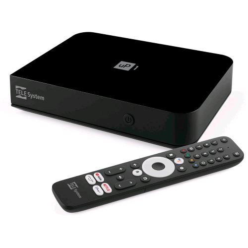TELESYSTEM UP1 SMART BOX DECODER DIGITALE TERRESTRE ANDROID TV 4K ULTRA HD DVB-T2 HEVC, HDR10+ HLG, AV1 CERTIFICATO NETFLIX, PRIME VIDEO, DISNEY+, CHROMECAST BUILT-IN HDMI/SCART