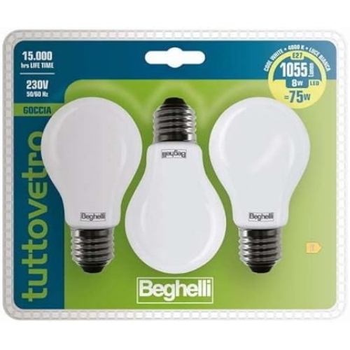 BEGHELLI LED PACK TUTTOVETRO LED GOCCIA OPALE E27 8W=75W 1055LM LUCE BIANCA 4000K KIT 3 Pz.