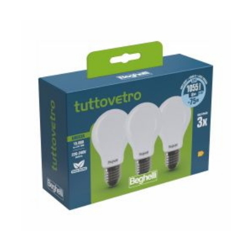 BEGHELLI LED PACK TUTTOVETRO LED GOCCIA OPALE E27 8W=75W 1055LM LUCE BIANCA FREDDA 6500K KIT 3 Pz.