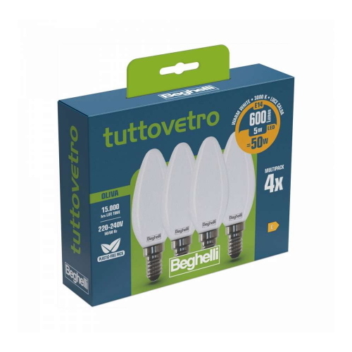 BEGHELLI LED PACK TUTTOVETRO LED OLIVA OPALE E14 600Lm 5W=50W LUCE BIANCO CALDO 3000K KIT 4 Pz.