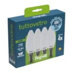 BEGHELLI LED PACK TUTTOVETRO LED OLIVA OPALE E14 600Lm 5W=50W LUCE BIANCA FREDDA 6000K KIT 4 Pz.