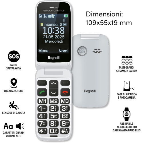 BEGHELLI SLV30N-GPS PLUS DUAL SIM 2.8" SENIOR PHONE A CONCHIGLIA TASTI GRANDI RETROILLUMINATI TASTO SOS LOCALIZZAZIONE SENSORE DI CADUTA VOLUME AUMENTATO BASE DI RICARICA FOTOCAMERA GRIGIO CHIARO