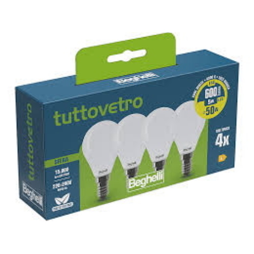 BEGHELLI LED PACK TUTTOVETRO LED SFERA OPALE E14 600Lm 5W=50W LUCE BIANCA 4000K KIT 4 Pz.