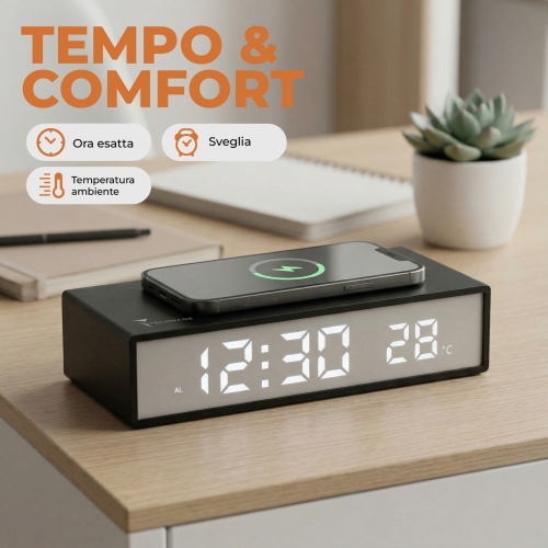 TECHMADE TM-2201 CLOCK SVEGLIA DIGITALE USB-C CON RICARICA WIRELESS 15 W PER SMARTPHONE/SMARTWATCH INDICATORE DI TEMPERATURA NERA
