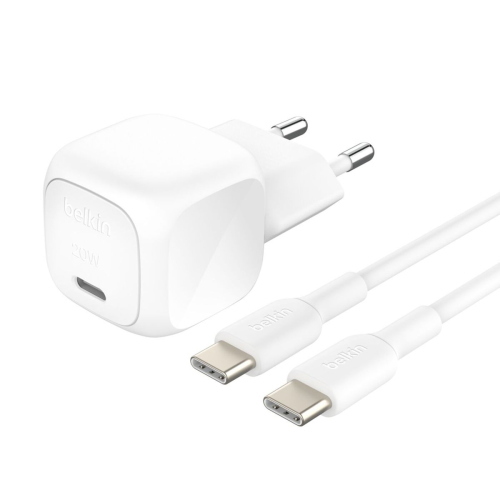 BELKIN CARICABATTERIE DA RETE USB-C 20W + CAVO USB-C MASCHIO/MASCHIO 1 MT BIANCO