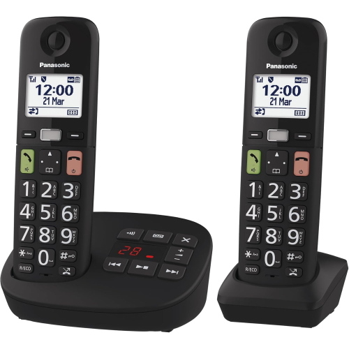 PANASONIC TGU132 DUO CORDLESS DECT CON SEGRETERIA TELEFONICA TASTI GRANDI + AGGIUNTIVO VOLUME POTENZIATO COMPATIBILE CON APPARECCHI ACUSTICI NERO