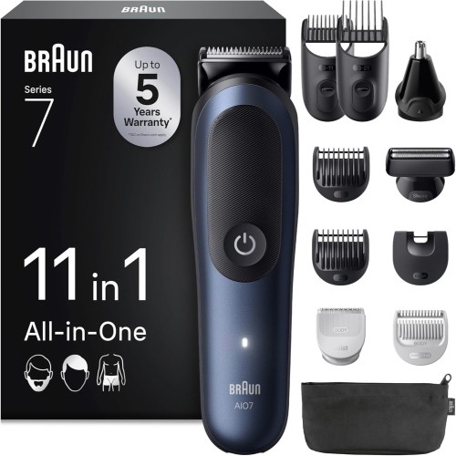 BRAUN SERIE 7 AIO7540 RASOIO ELETTRICO RIFINITORE 11 IN 1 WET & DRY A BATTERIE RICARICABILE CON ACCESSORI NERO BLU
