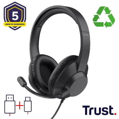 TRUST AYDA MAX USB CUFFIE CON MICROFONO FLIP TO MUTE OVER-EAR CABLATE USB-A USB-C CAVO 1.8 MT NERO