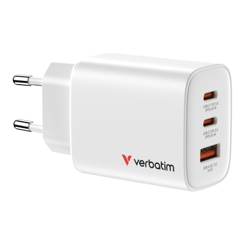 VERBATIM ESSENTIALS CARICABATTERIE DA RETE GaN 65 W 2 x USB-C 1 x USB-A BIANCO