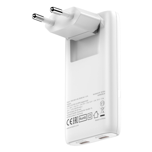 VERBATIM FOLD N GO CARICABATTERIE DA RETE PIEGHEVOLE GaN 65 W 2 x USB-C PD3.0 BIANCO