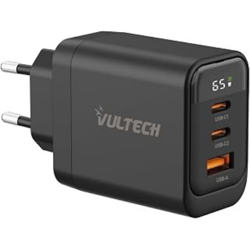 VULTECH CC65-2C1AL CARICABATTERIE DA RETE GaN 65 W CON DISPLAY 2 x USB-C PD 30 + 1 x USB-A QC3.0 UNIVERSALE NERO