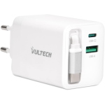 VULTECH CC65-2C1AR CARICABATTERIE DA RETE GaN UNIVERSALE 65W 1 x USB-C PD + 1 x USB-A QC3.0 + CAVO USB-C RETRATTILE 70 cm BIANCO