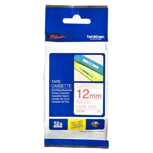 BROTHER TZE232 NASTRO PER ETICHETTATRICE 12MM COLORE WHITE SCRITTA RED